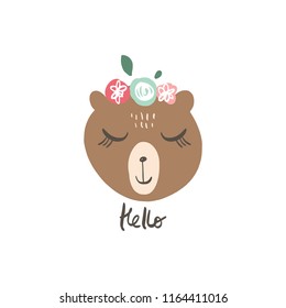 Vector cartoon cute hand drawn bear isolated face. Pastel nursery art. It may be used for sticker, poster, postcard, badge, layout, greeting card, patch, wall art, phone case, t-shirt