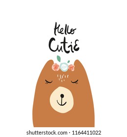 Vector cartoon cute hand drawn bear isolated face. Pastel nursery art. It may be used for sticker, poster, postcard, badge, layout, greeting card, patch, wall art, phone case, t-shirt