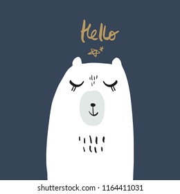 Vector cartoon cute hand drawn polar bear isolated face. Pastel nursery art. It may be used for sticker, poster, postcard, badge, layout, greeting card, patch, wall art, phone case, t-shirt