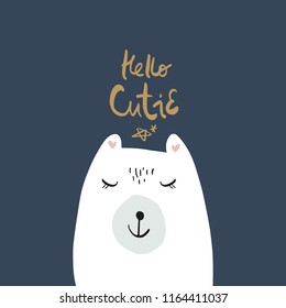 Vector cartoon cute hand drawn polar bear isolated face. Pastel nursery art. It may be used for sticker, poster, postcard, badge, layout, greeting card, patch, wall art, phone case, t-shirt
