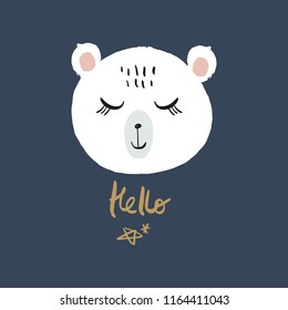 Vector cartoon cute hand drawn polar bear isolated face. Pastel nursery art. It may be used for sticker, poster, postcard, badge, layout, greeting card, patch, wall art, phone case, t-shirt