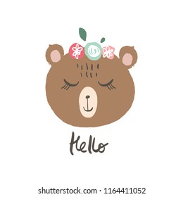 Vector cartoon cute hand drawn bear isolated face. Pastel nursery art. It may be used for sticker, poster, postcard, badge, layout, greeting card, patch, wall art, phone case, t-shirt