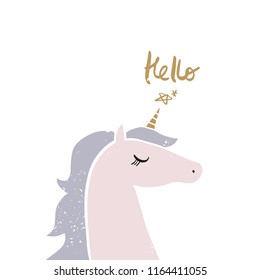 Vector cartoon cute hand drawn unicorn applique. Pastel nursery illustration with text. It may be used for sticker, poster, postcard, badge, layout, greeting card, patch, wall art, phone case, t-shirt