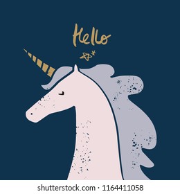 Vector cartoon cute hand drawn unicorn applique. Pastel nursery illustration with text. It may be used for sticker, poster, postcard, badge, layout, greeting card, patch, wall art, phone case, t-shirt
