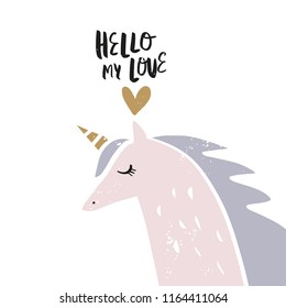 Vector cartoon cute hand drawn unicorn applique. Pastel nursery illustration with text. It may be used for sticker, poster, postcard, badge, layout, greeting card, patch, wall art, phone case, t-shirt