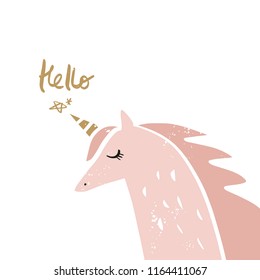 Vector cartoon cute hand drawn unicorn applique. Pastel nursery illustration with text. It may be used for sticker, poster, postcard, badge, layout, greeting card, patch, wall art, phone case, t-shirt