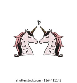 Vector cartoon cute hand drawn unicorn sketch face. Pastel nursery art. It may be used for sticker, poster, postcard, badge, layout, greeting card, patch, wall art, phone case, t-shirt