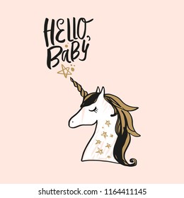 Vector cartoon cute hand drawn unicorn sketch face. Pastel nursery art. It may be used for sticker, poster, postcard, badge, layout, greeting card, patch, wall art, phone case, t-shirt