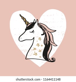 Vector cartoon cute hand drawn unicorn sketch face. Pastel nursery art. It may be used for sticker, poster, postcard, badge, layout, greeting card, patch, wall art, phone case, t-shirt