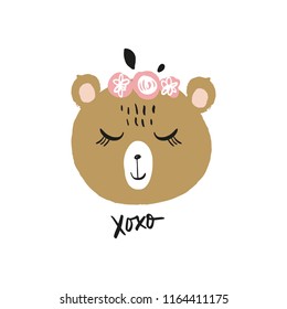 Vector cartoon cute hand drawn bear isolated face. Pastel nursery art. It may be used for sticker, poster, postcard, badge, layout, greeting card, patch, wall art, phone case, t-shirt