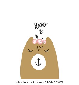 Vector cartoon cute hand drawn bear isolated face. Pastel nursery art. It may be used for sticker, poster, postcard, badge, layout, greeting card, patch, wall art, phone case, t-shirt