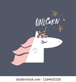 Vector cartoon cute hand drawn unicorn applique. Pastel nursery illustration with text. It may be used for sticker, poster, postcard, badge, layout, greeting card, patch, wall art, phone case, t-shirt