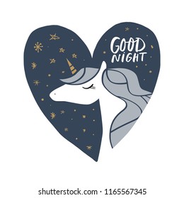Vector cartoon cute hand drawn night unicorn. Good night sign. Pastel nursery art. It may be used for sticker, poster, postcard, badge, layout, greeting card, patch, wall art, phone case, t-shirt