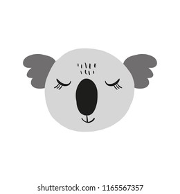 Vector cartoon cute hand drawn koala face. Nursery art, australian souvenir. It may be used for sticker, poster, postcard, badge, layout, patch, wall art, phone case, t-shirt