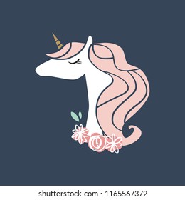 Vector cartoon cute hand drawn girl unicorn. Pastel nursery art. It may be used for sticker, poster, postcard, badge, layout, greeting card, patch, wall art, phone case, t-shirt