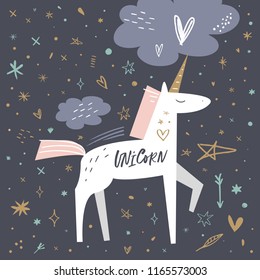 Vector cartoon cute hand drawn girl unicorn pattern. Pastel nursery art. It may be used for sticker, poster, postcard, badge, layout, greeting card, patch, wall art, phone case, t-shirt