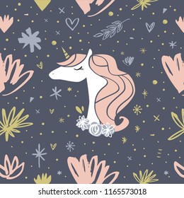 Vector cartoon cute hand drawn girl unicorn pattern. Pastel nursery art. It may be used for sticker, poster, postcard, badge, layout, greeting card, patch, wall art, phone case, t-shirt