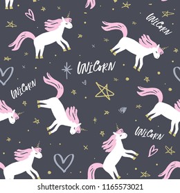 Vector cartoon cute hand drawn girl unicorns pattern. Pastel nursery art. It may be used for sticker, poster, postcard, badge, layout, greeting card, patch, wall art, phone case, t-shirt