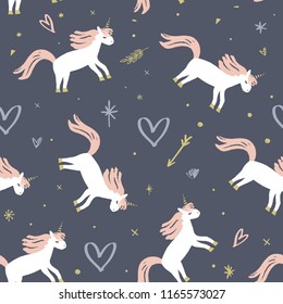 Vector cartoon cute hand drawn girl unicorns pattern. Pastel nursery art. It may be used for sticker, poster, postcard, badge, layout, greeting card, patch, wall art, phone case, t-shirt