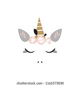 Vector cartoon cute hand drawn girl unicorn. Pastel nursery art. It may be used for sticker, poster, postcard, badge, layout, greeting card, patch, wall art, phone case, t-shirt