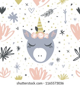 Vector cartoon cute hand drawn girl unicorn pattern. Pastel nursery art. It may be used for sticker, poster, postcard, badge, layout, greeting card, patch, wall art, phone case, t-shirt
