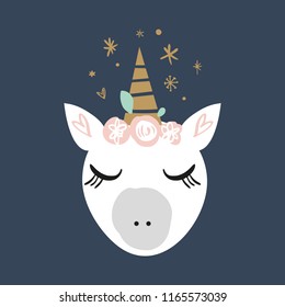 Vector cartoon cute hand drawn girl unicorn. Pastel nursery art. It may be used for sticker, poster, postcard, badge, layout, greeting card, patch, wall art, phone case, t-shirt