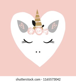 Vector cartoon cute hand drawn girl unicorn. Pastel nursery art. It may be used for sticker, poster, postcard, badge, layout, greeting card, patch, wall art, phone case, t-shirt