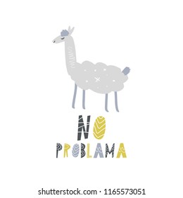 Vector cartoon cute hand drawn llama art. Pastel nursery illustration with text. It may be used for sticker, poster, postcard, badge, layout, greeting card, patch, wall art, phone case, t-shirt