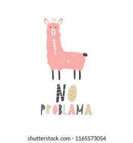 Vector cartoon cute hand drawn llama art. Pastel nursery illustration with text. It may be used for sticker, poster, postcard, badge, layout, greeting card, patch, wall art, phone case, t-shirt