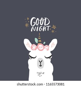 Vector cartoon cute hand drawn girl llama unicorn. Pastel nursery lettering card. It may be used for sticker, poster, postcard, badge, layout, greeting card, patch, wall art, phone case, t-shirt