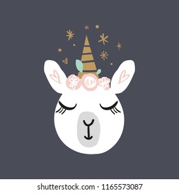 Vector cartoon cute hand drawn girl llama unicorn. Pastel nursery art. It may be used for sticker, poster, postcard, badge, layout, greeting card, patch, wall art, phone case, t-shirt