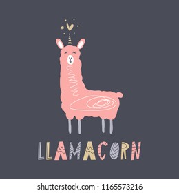 Vector cartoon cute hand drawn llama unicorn art. Pastel nursery text card. It may be used for sticker, poster, postcard, badge, layout, greeting card, patch, wall art, phone case, t-shirt