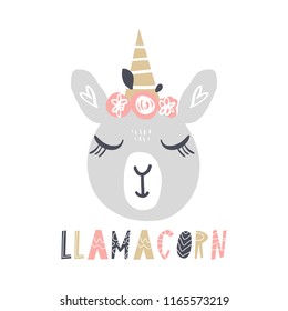 Vector cartoon cute hand drawn llama unicorn art. Pastel nursery text card. It may be used for sticker, poster, postcard, badge, layout, greeting card, patch, wall art, phone case, t-shirt