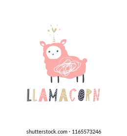 Vector cartoon cute hand drawn chibi llama unicorn art. Pastel nursery text card. It may be used for sticker, poster, postcard, badge, layout, greeting card, patch, wall art, phone case, t-shirt