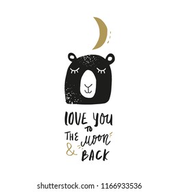 Vector cartoon cute hand drawn funny bear face text card. Scandinavian ursery art. It may be used for poster, postcard, layout, greeting card, wall art, phone case, t-shirt