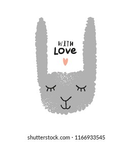 Vector cartoon cute hand drawn funny rabbit in love. Scandinavian nursery art. It may be used for poster, postcard, layout, greeting card, wall art, phone case, t-shirt