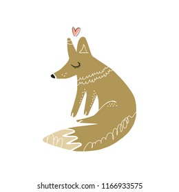 Vector cartoon cute hand drawn funny fox in love. Scandinavian nursery art. It may be used for poster, postcard, layout, greeting card, wall art, phone case, t-shirt