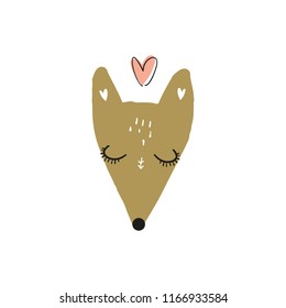 Vector cartoon cute hand drawn funny fox face. Scandinavian nursery art. It may be used for poster, postcard, layout, greeting card, wall art, phone case, t-shirt