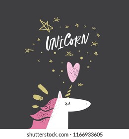 Vector cartoon cute hand drawn doodle unicorn. Nursery art. It may be used for sticker, poster, postcard, badge, layout, greeting card, patch, wall art, phone case, t-shirt