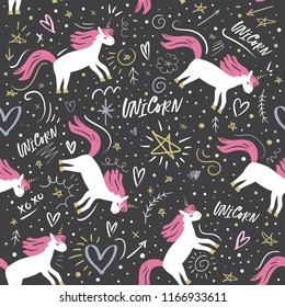 Vector cartoon cute hand drawn girl unicorns pattern. Pastel nursery art. It may be used for postcard, layout, greeting card, cloth, wall art, phone case, t-shirt