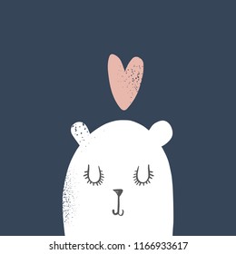 Vector cartoon cute hand drawn flat polar bear face. Scandinavian nursery art. It may be used for poster, postcard, layout, greeting card, wall art, phone case, t-shirt