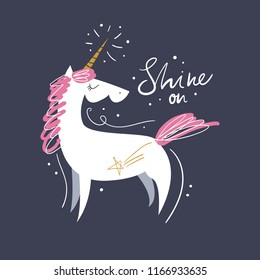 Vector cartoon cute hand drawn funny flat unicorn and text. Scandinavian nursery art. It may be used for poster, postcard, layout, greeting card, wall art, phone case, t-shirt