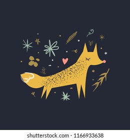 Vector cartoon cute hand drawn fox and plants. Scandinavian nursery art. It may be used for poster, postcard, layout, greeting card, wall art, phone case, t-shirt