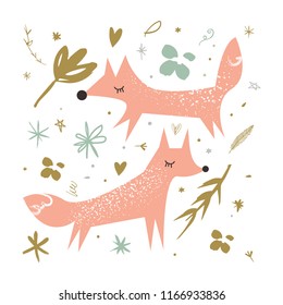 Vector cartoon cute hand drawn foxes set and plants. Scandinavian nursery art. It may be used for poster, postcard, layout, greeting card, wall art, phone case, t-shirt