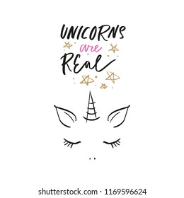 Vector cartoon cute hand drawn girl unicorn face. Nursery sketch art. It may be used for sticker, poster, postcard, badge, layout, greeting card, patch, wall art, phone case, t-shirt