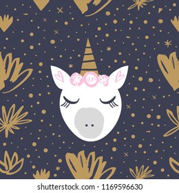 Vector cartoon cute hand drawn girl unicorn pattern. Pastel nursery art. It may be used for postcard, layout, greeting card, cloth, wall art, phone case, t-shirt