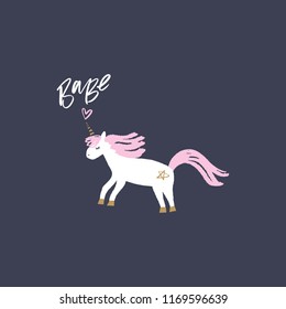 Vector cartoon cute hand drawn funny flat unicorn and text. Scandinavian nursery art. It may be used for poster, postcard, layout, greeting card, wall art, phone case, t-shirt