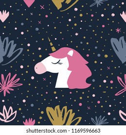 Vector cartoon cute hand drawn girl unicorn pattern. Pastel nursery art. It may be used for postcard, layout, greeting card, cloth, wall art, phone case, t-shirt
