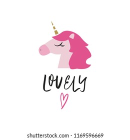 Vector cartoon cute hand drawn cartoon unicorn head. Nursery text card. It may be used for poster, postcard, layout, wall art, phone case, t-shirt