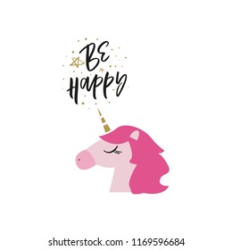 Vector cartoon cute hand drawn cartoon unicorn head. Nursery text card. It may be used for poster, postcard, layout, wall art, phone case, t-shirt